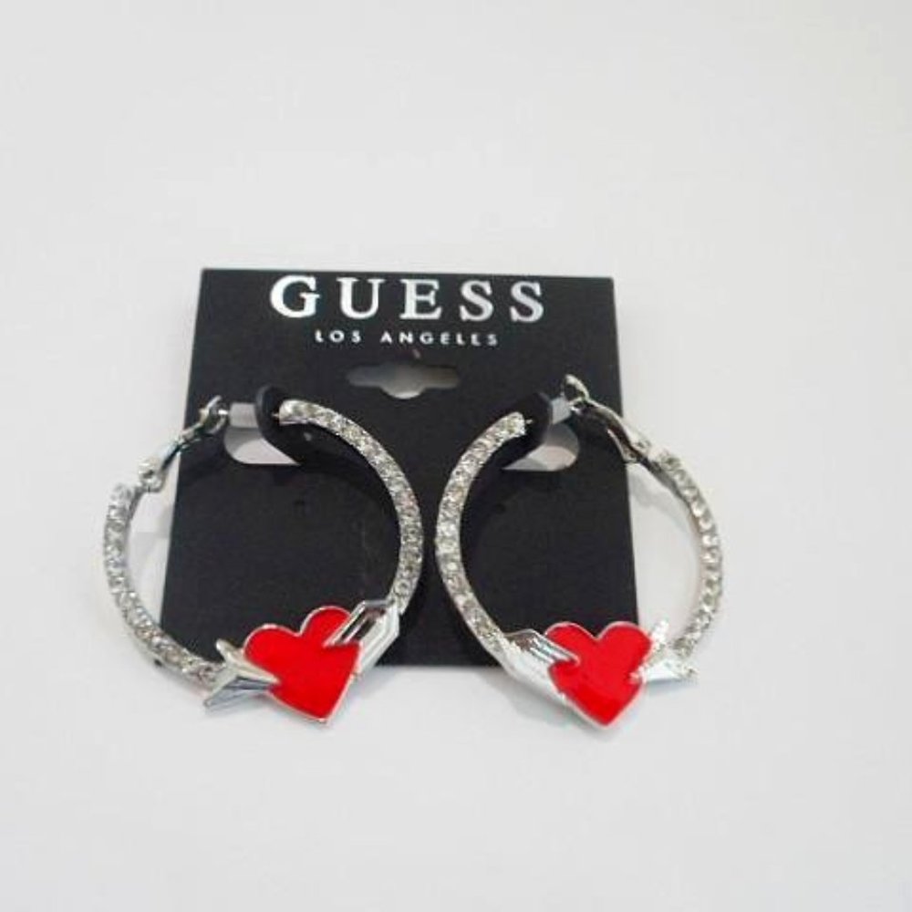 🌵3/$20 Guess Silver& Red Color White Stone Beaded & Heart shaped Hoops Earrings